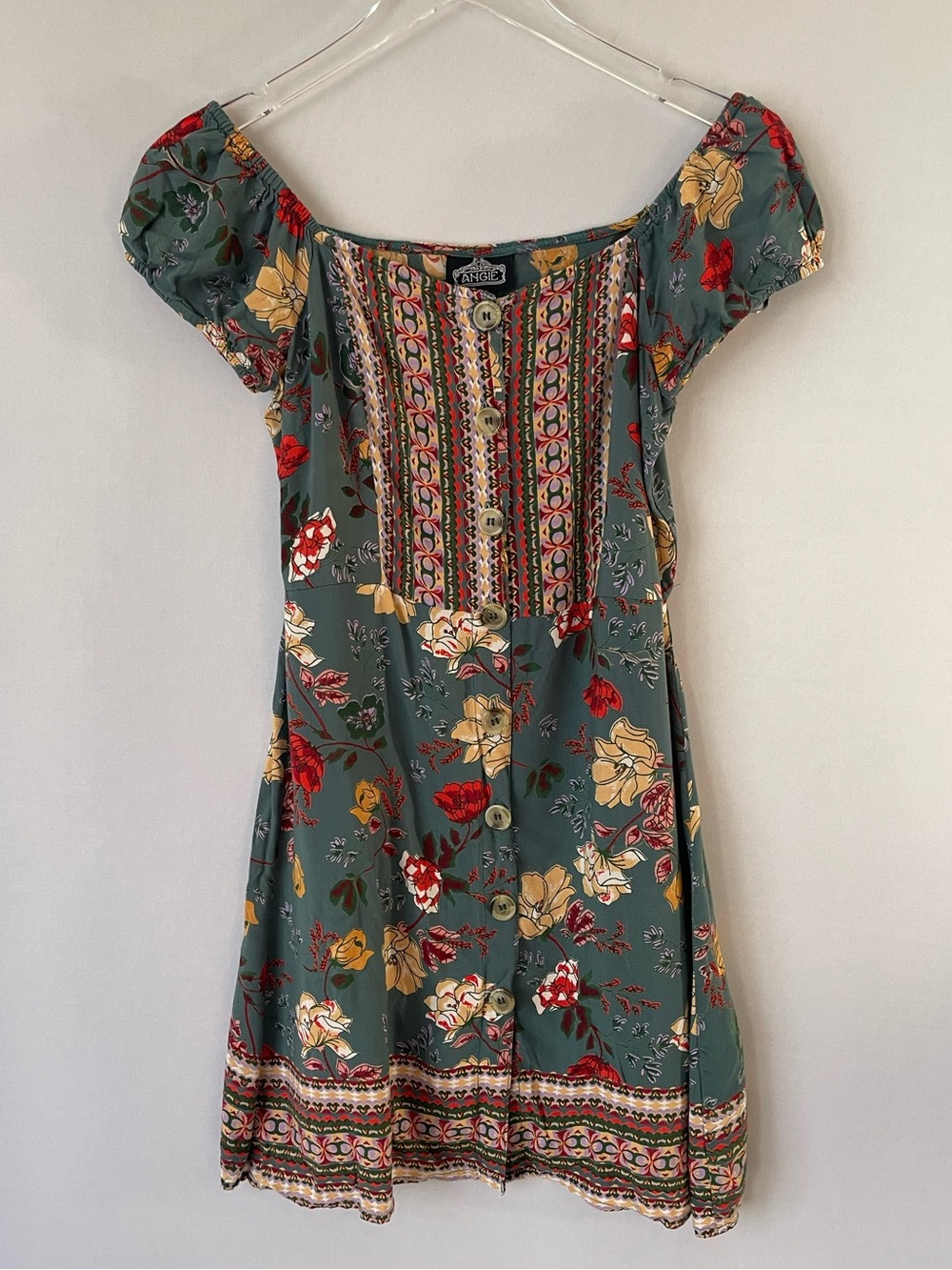 Angie Rayon Green Floral Mini Dress M